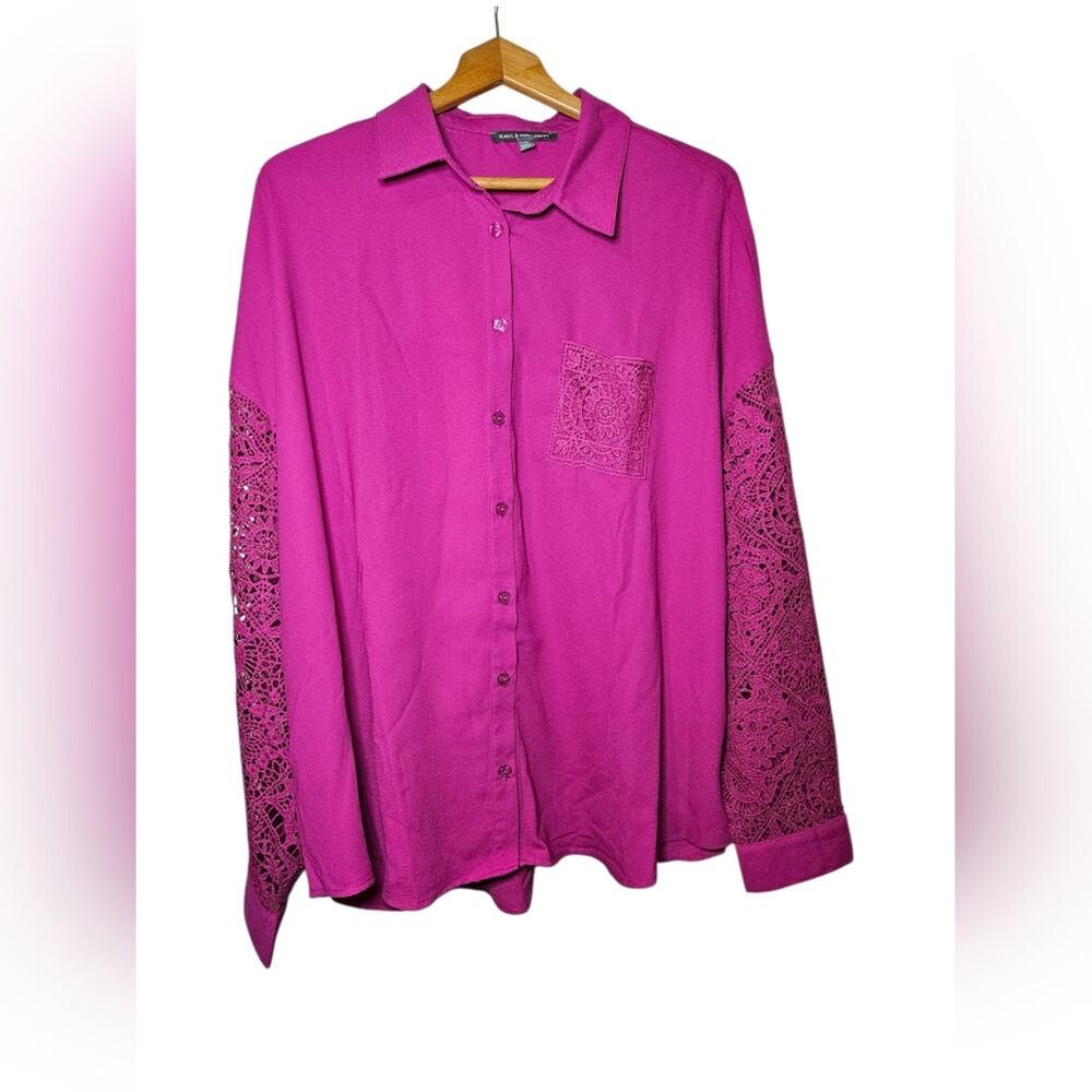 NWOT 2X Women's Pink Long Sleeve Dress Shirt With Crochet Patterns & Pocket